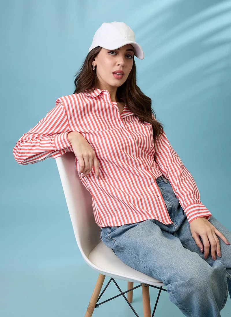 globus Globus Women Red Striped Collared Neck Cuffed Sleeves Curved Hem Shirt